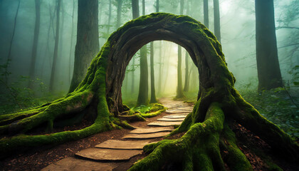 Abstract arch made of tree roots on forest path. Mysterious portal to another world, magical place.