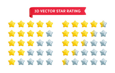Vector 3d five star product rating icon set. Realistic cartoon 3d render feedback, customer review concept. Cute glossy yellow stars from one to five with half star for web, ui, game, app