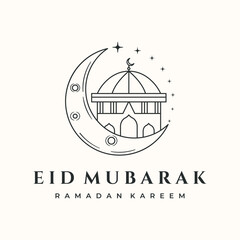 mosque of ramadan line art logo vector minimalist illustration design, islamic celebration mosque logo design