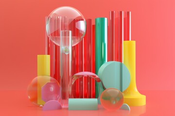A colorful display of glass shapes and spheres arranged on a red background