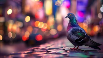 A mesmerizing scene capturing a colorful shimmering city pigeon, Columba livia domestica, perched on cobblestones sidewalk. - obrazy, fototapety, plakaty