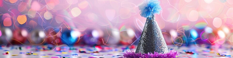 A festive party hat adorned with shimmering sequins and a playful pom-pom.  - obrazy, fototapety, plakaty
