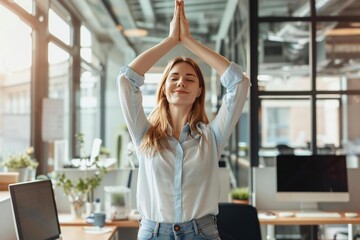 Businesswoman stretching at desk in office workplace workout