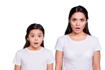 Close up photo pretty two people brown haired mum small little daughter eyes mouth opened frightened by children clothes prices wearing white t-shirts isolated bright blue background
