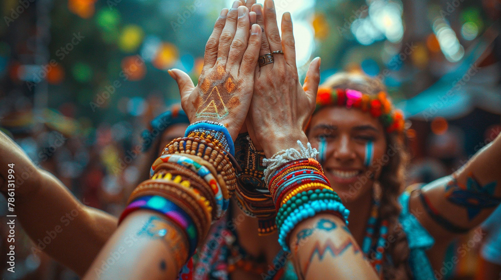 Wall mural Joyful Friends Celebrating With Raised Hands at Festival