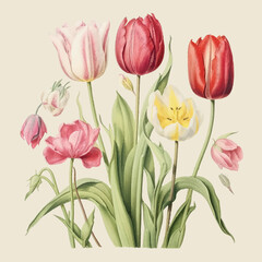 Botanical illustration of tulips flowers, colorful vector illustration on beige background