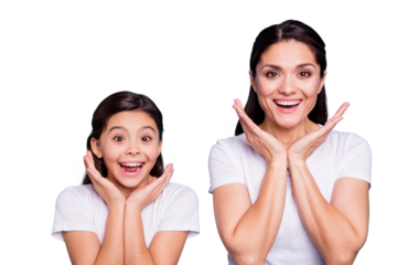 Close up photo pretty two people brown haired mum little daughter yelling eyes mouth opened facial expression delighted shopping sale discount wearing white t-shirts isolated bright blue background