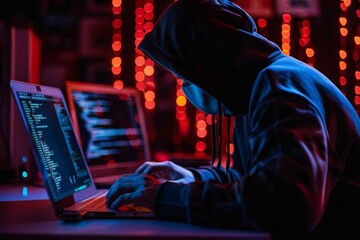 Hacker breaching person's laptop screen for sensitive data - obrazy, fototapety, plakaty
