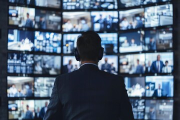 Security Room Footage on CCTV Screen with Walkie-Talkie