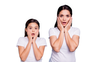 Close up photo pretty two people brown haired mum little daughter eyes mouth opened facial expression arms cheeks lost missed sale discount wearing white t-shirts isolated bright blue background