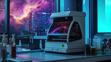 A DNA sequencing machine in a lab, with a large window showing a distant nebula in space