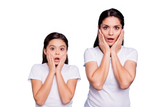 Close up photo pretty two people brown haired mum little daughter eyes mouth opened facial expression arms cheeks lost missed sale discount wearing white t-shirts isolated bright blue background