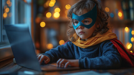 AI generated illustration of a boy in a superhero costume using laptop