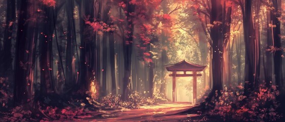 Asian entrance gate of temple in lush maple forest, artful painting style illustration with grungy brush stroke texture, Generative Ai - obrazy, fototapety, plakaty