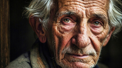 a poignant close-up portrait of an elderly man with deep wrinkles and expressive eyes that tell a story of a long life