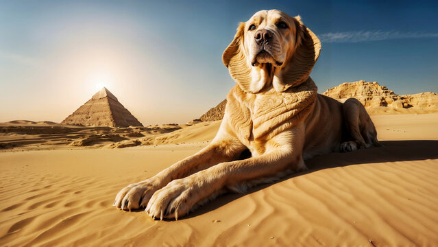 a dog with the body of a sphinx posing in front of the pyramids in a desert landscape at sunset
