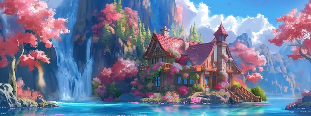 beautiful house at middle of forest spring time flower blossoming, waterfall and river stream, artful painting style illustration with grungy brush stroke texture, Generative Ai