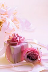Gift box with pink rose on background