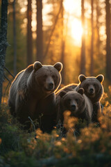 Grizzly bear family walking towards the camera in the forest with setting sun. Group of wild animals in nature.