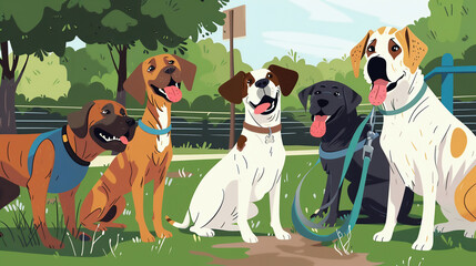 Canine Companions on a Playful Gathering at the dog park, Four diverse dogs stand together, one with moving disability, enjoying their camaraderie - obrazy, fototapety, plakaty
