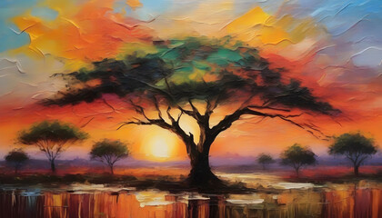 A tranquil African landscape. Abstract art. - obrazy, fototapety, plakaty
