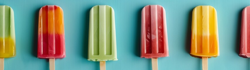Colorful popsicles on pastel background top view. Banner