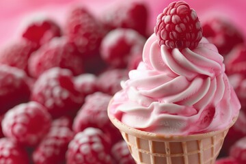 Close-up soft serve ice cream cone with raspberries and fresh berries on the background.