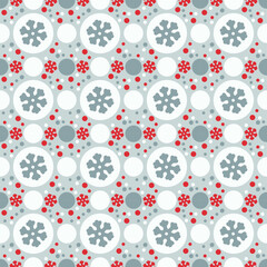 Cute seamless texture with snowflakes and balls in flat style. Holiday symbols and snowflakes on a light gray. Eps 10