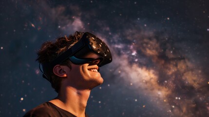 Smiling young man in virtual reality glasses against the background of the Milky Way galaxy.