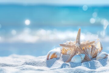 Starfish and seashells on the white sand beach and with blue sea on background, blurred background, summer vacation concept. Copy space.