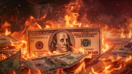 One hundred dollar bills burning on fire. - obrazy, fototapety, plakaty