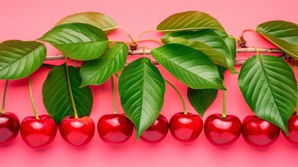 Branch of fresh red cherries on a fresh background.