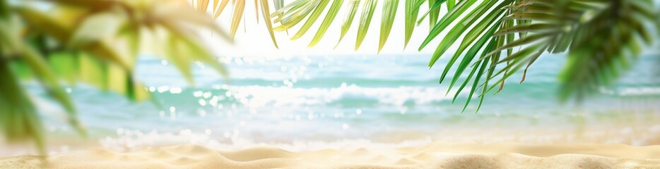 Beautiful summer background with palm leaves against the blurred background of a sandy sea beach. Copy space. Banner.