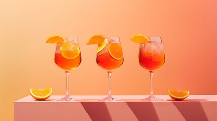Three glasses cocktail Aperol Spritz on minimalist orange background.