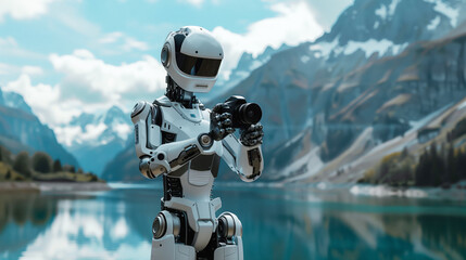 Concept of AI technology. A robot with a camera in his hands takes pictures of the landscape.