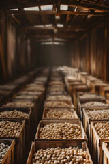 Peanuts harvested in wooden boxes in a warehouse. Natural organic fruit abundance. Healthy and natural food storing and shipping concept.