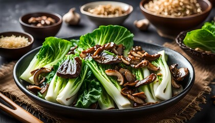 Baby Bok choy or chinese cabbage in oyster sauce with Shitake Mushrooms and fried garlic.
 - obrazy, fototapety, plakaty