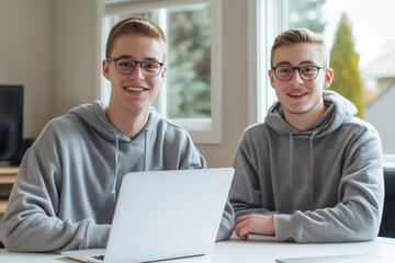 Two smiling young men, in glasses and wearing a grey hoodie, working on a laptop in an office. Looking at the camera.
