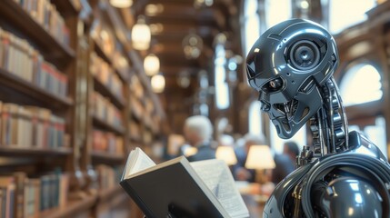 AI technology and machine learning. Robot reads a book in the library.