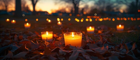 Twilight Memorial: Candles of Remembrance in the Park. Concept Memorial Gathering, Twilight Ceremony, Candles of Remembrance, Park Tribute, Sunset Reflections - obrazy, fototapety, plakaty