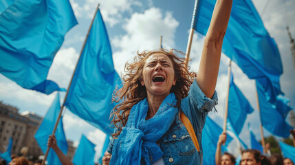 Energetic Woman Leading a Rally with Blue Flags