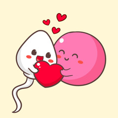 Cute sperm and egg cell holding love heart cartoon character. Health concept design. Vector art illustration