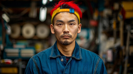 A Japanese man with red and yellow hair and a yellow bandana on his head. He is wearing a blue shirt and a jacket. a Japanese guy in blue work overalls, mechanic, car workshop, trendy red dyed hair