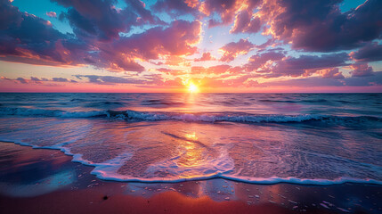 Sunset on the Beach: Peaceful coastal landscape with bright colors