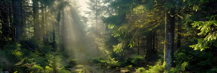 Fototapeta na wymiar Rays of sunlight in the spruce forest. Sun shining through trees in mountain forest. Beauty of nature.