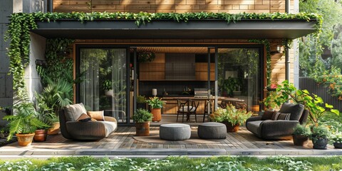 Luxurious garden terrace with contemporary rattan furniture, offering a serene place to relax outdoors. - obrazy, fototapety, plakaty