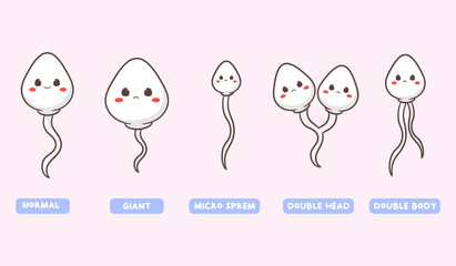 Abnormal sperm illustration. Cute sperm cartoon character. Healthy and unhealthy sperm cells. Health concept design