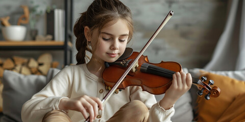 A young Caucasian girl concentrates while playing the violin beautifully and talentedly indoors.