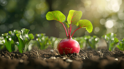 Beetroots growing in soil with bright sunlight illuminating the vibrant red and green leaves.

 - Powered by Adobe