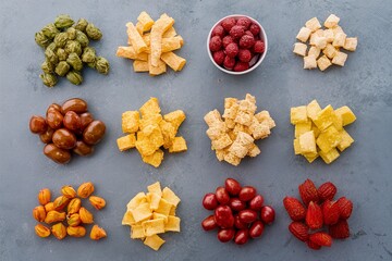 Variety of healthy snacks overhead shot laying on the table